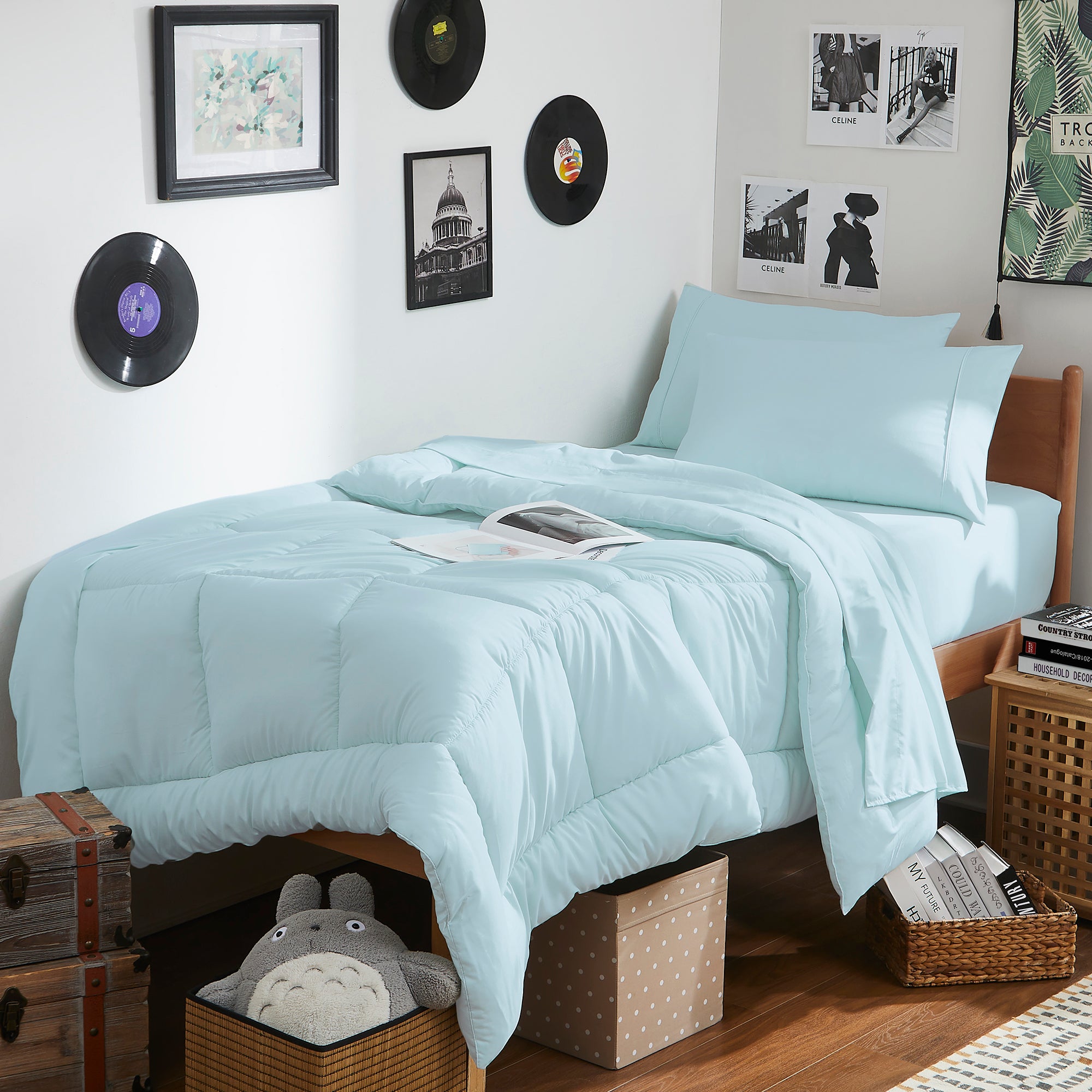 7PC Campus Ready Dorm Twin XL Bedding Bundle, Solid Comforter, Pillows and Sheet Set