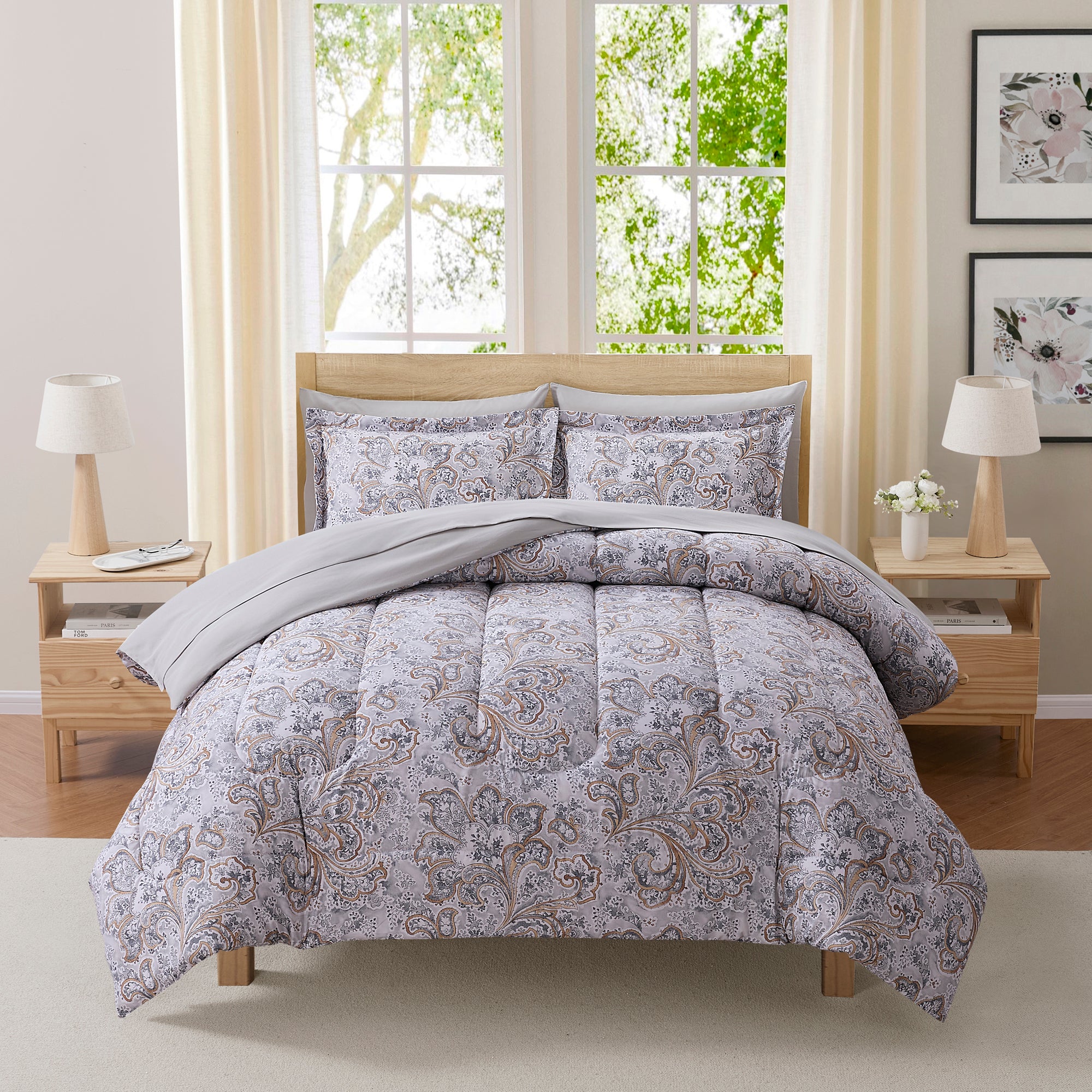 Watercolor Paisley Printed Grey Bed In a Bag Set
