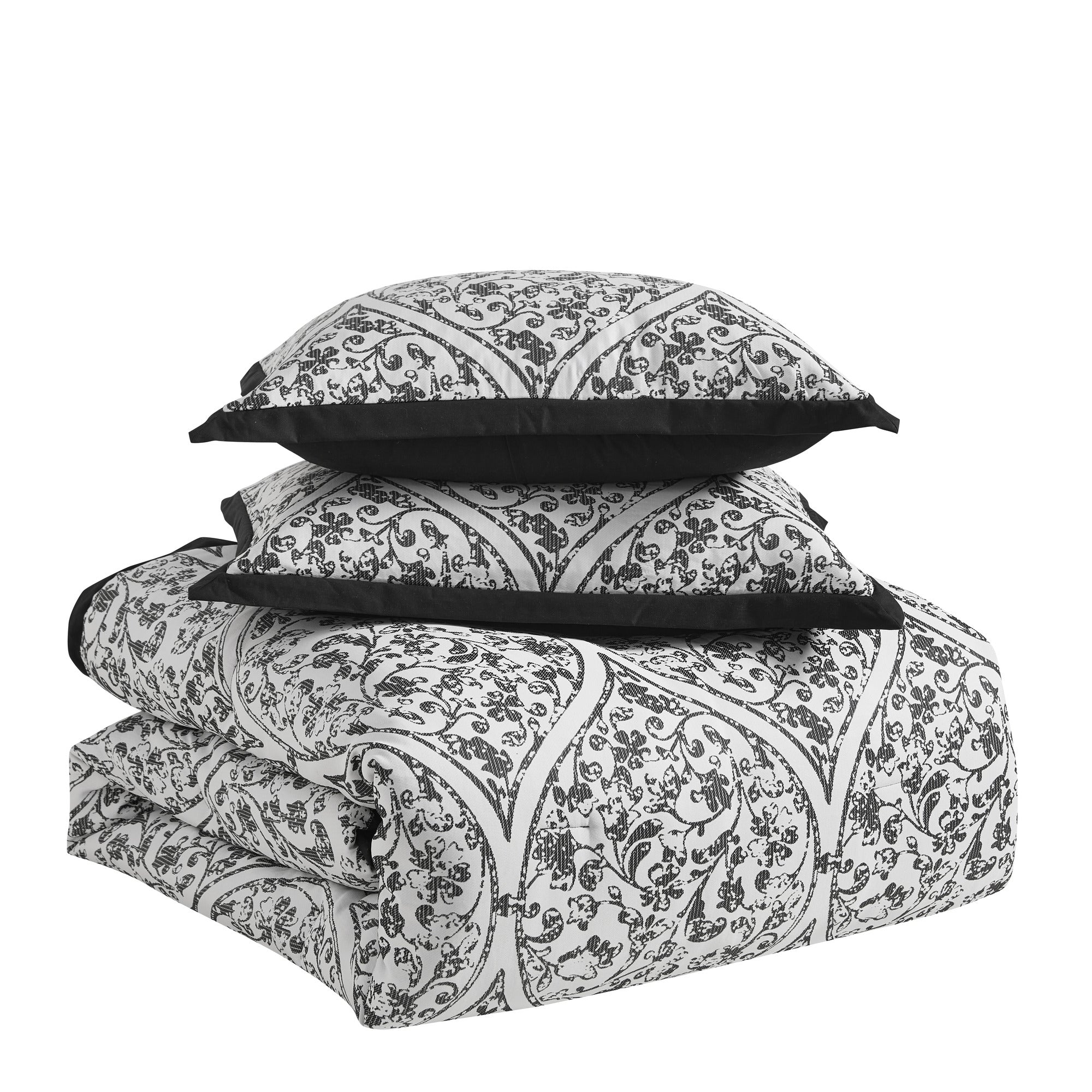 Trieste 7 Piece Damask Jacquard Comforter Set, Queen, White/Black