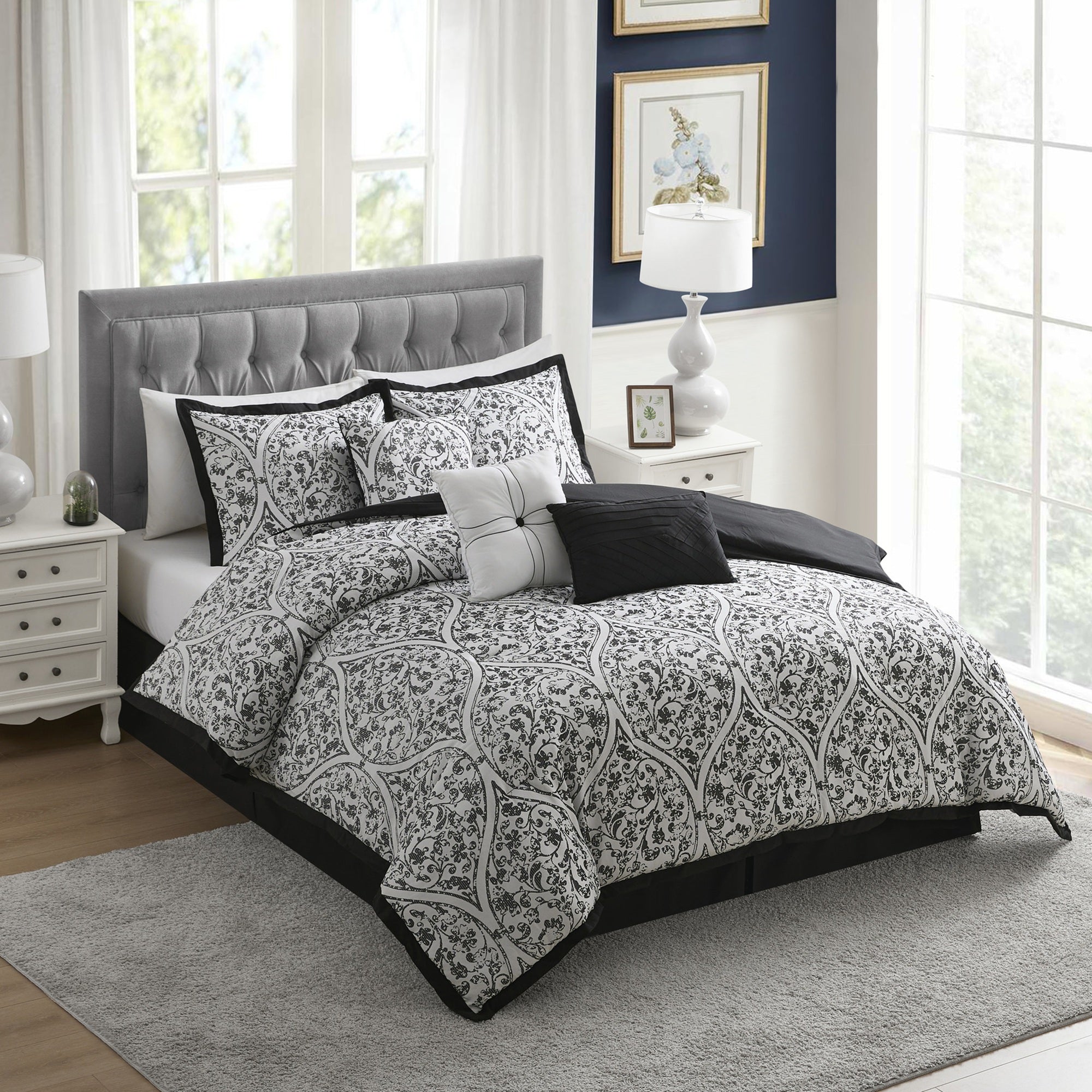 Trieste 7 Piece Damask Jacquard Comforter Set, Queen, White/Black