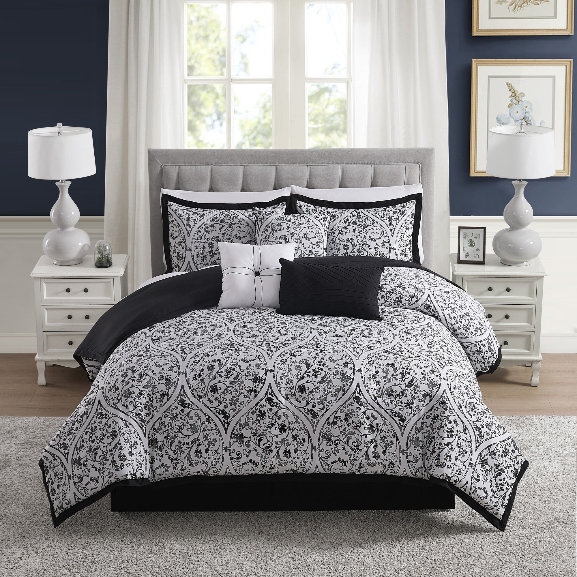Trieste 7 Piece Damask Jacquard Comforter Set, Queen, White/Black