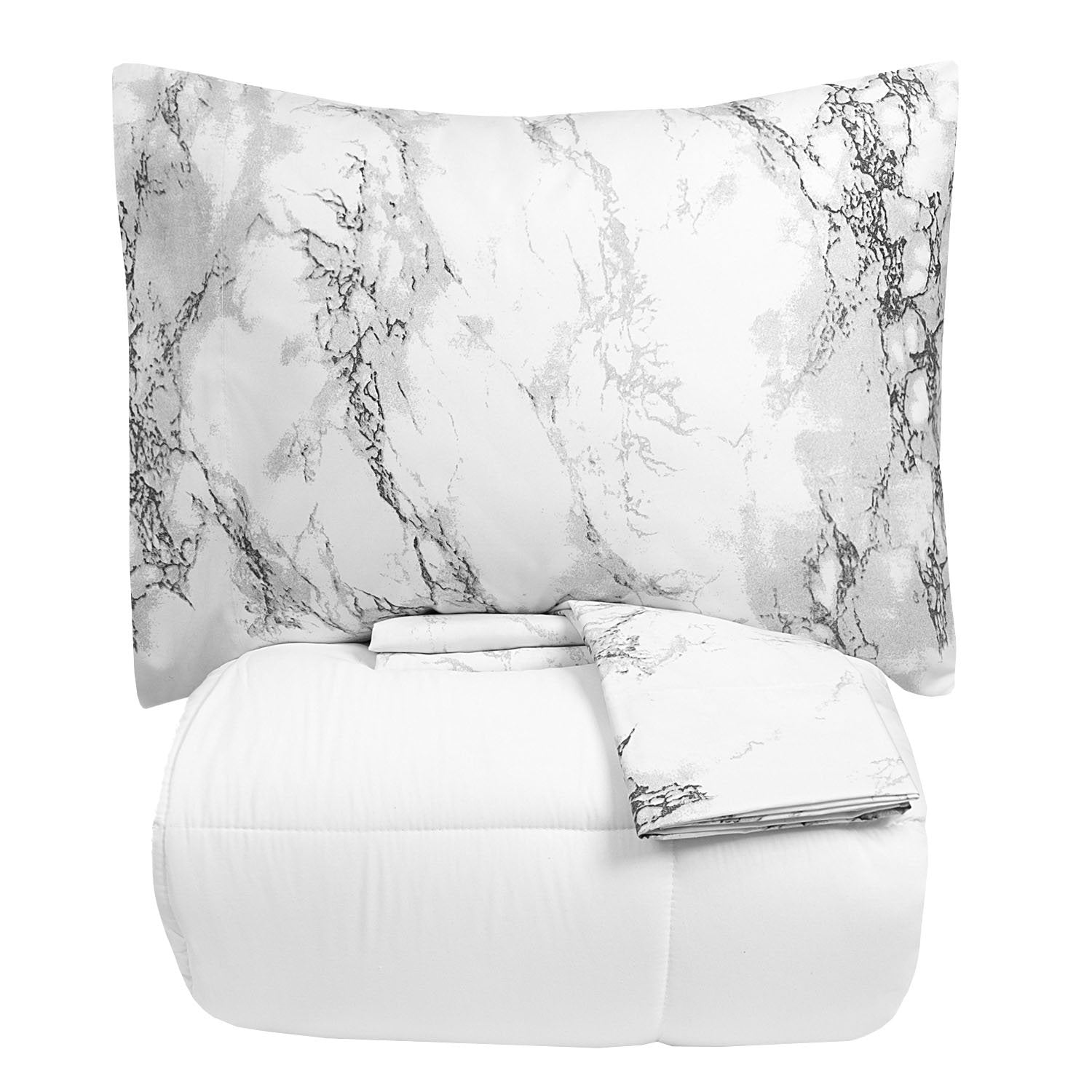 Comforter & Marble Print Sheet Set White - Folded