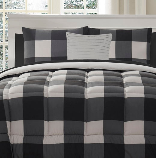 8 Piece Buffalo Plaid Check Bed in a Bag Comforter and Black Sheet Set
