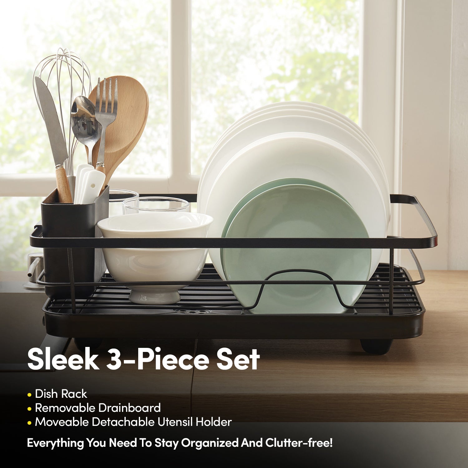 3-Piece Multi-Functional Dish Drying Rack with Drain Board & Utensil Holder