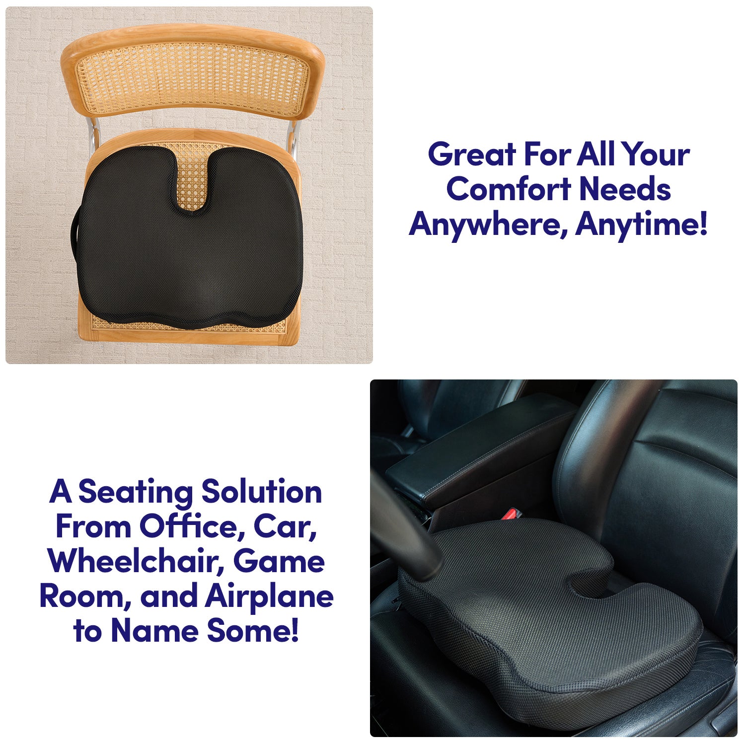 Premium Memory Foam Comfort Chair Cushion, Ergonomic Cushion for Chair, Car, Office Desk, Tailbone Relief - Black