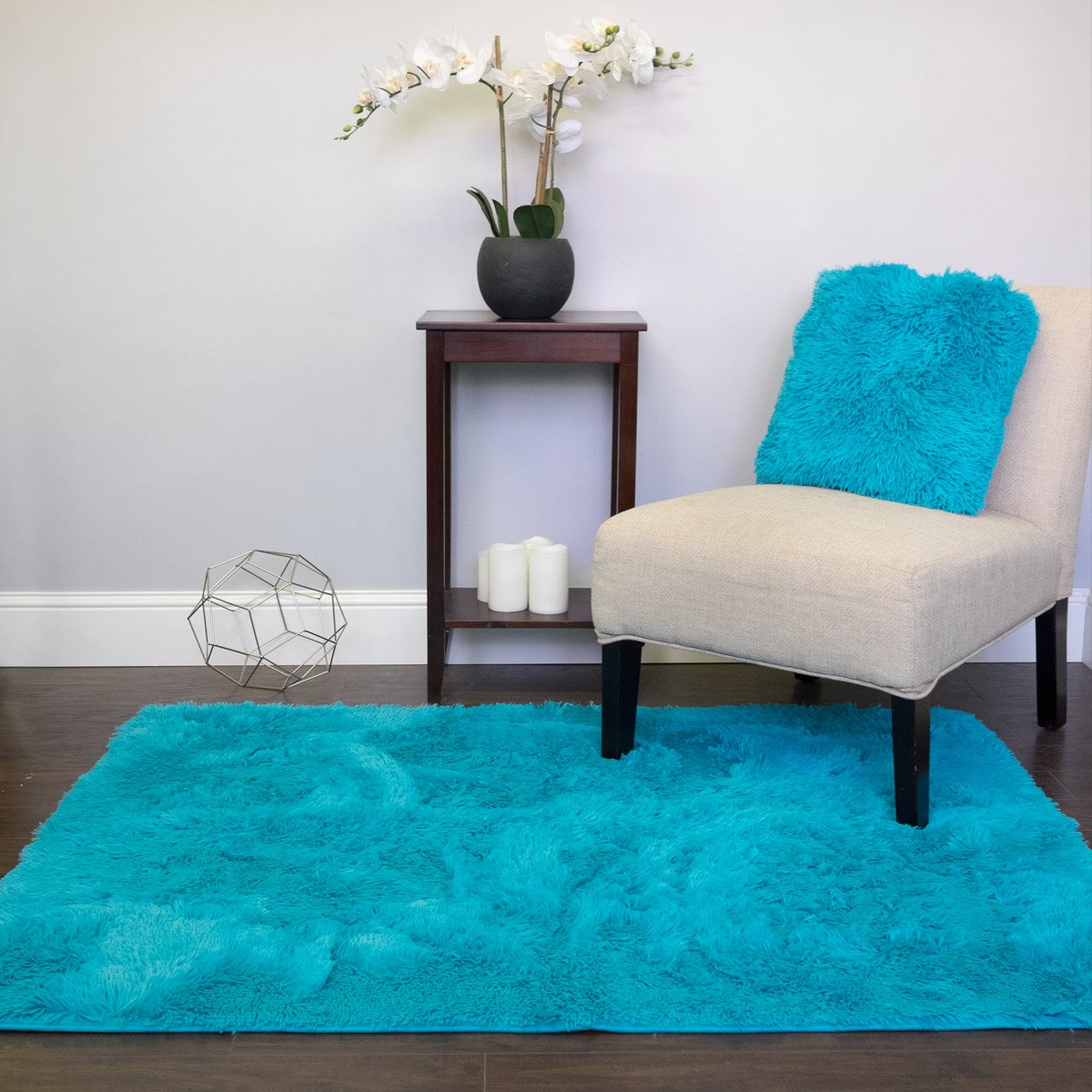 Faux Fur Rectangle Floor Area Rug 4Ft By 5Ft Turquoise - Lifestyle