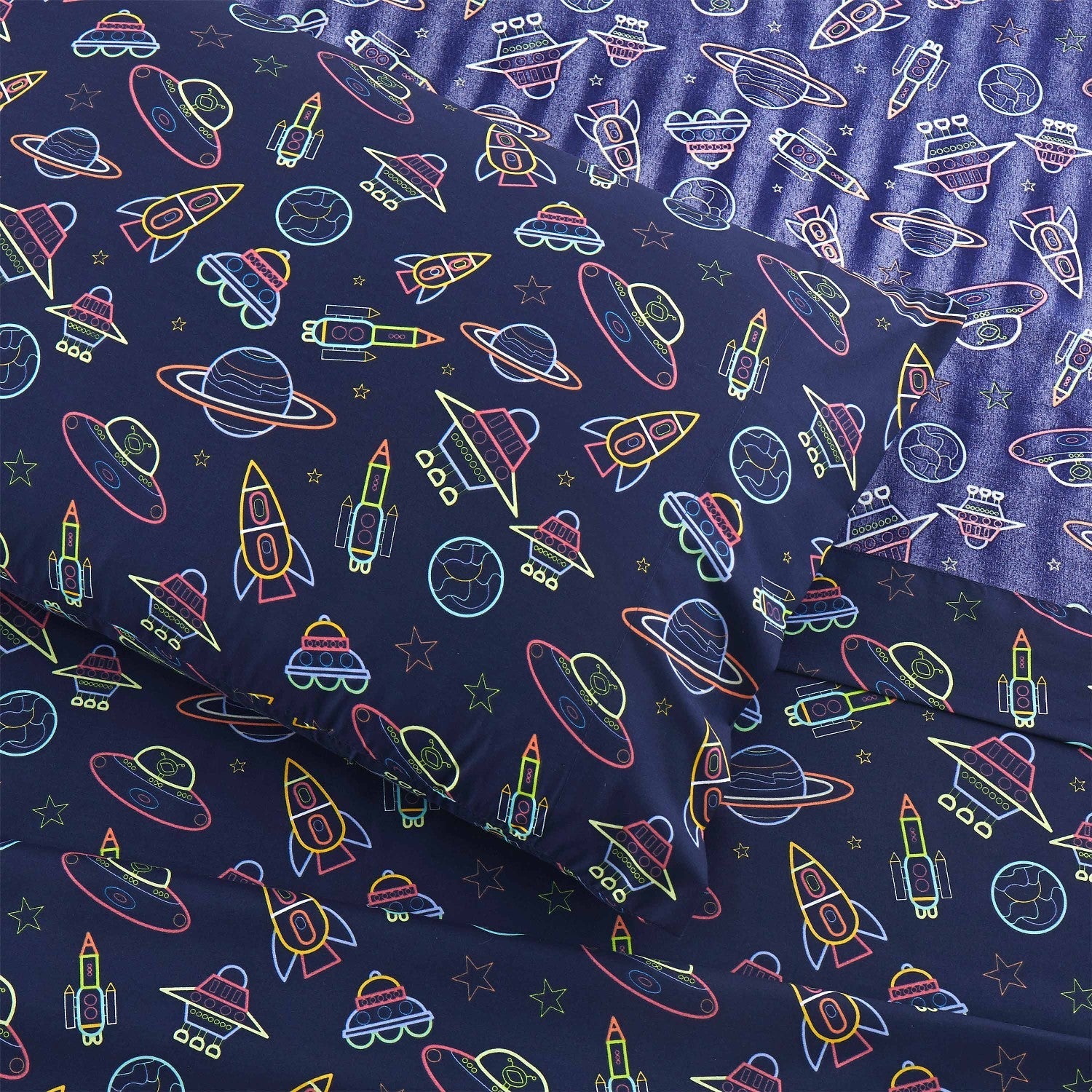 Printed Kids Bed Sheet Set (Neon Space) - Pillowcase