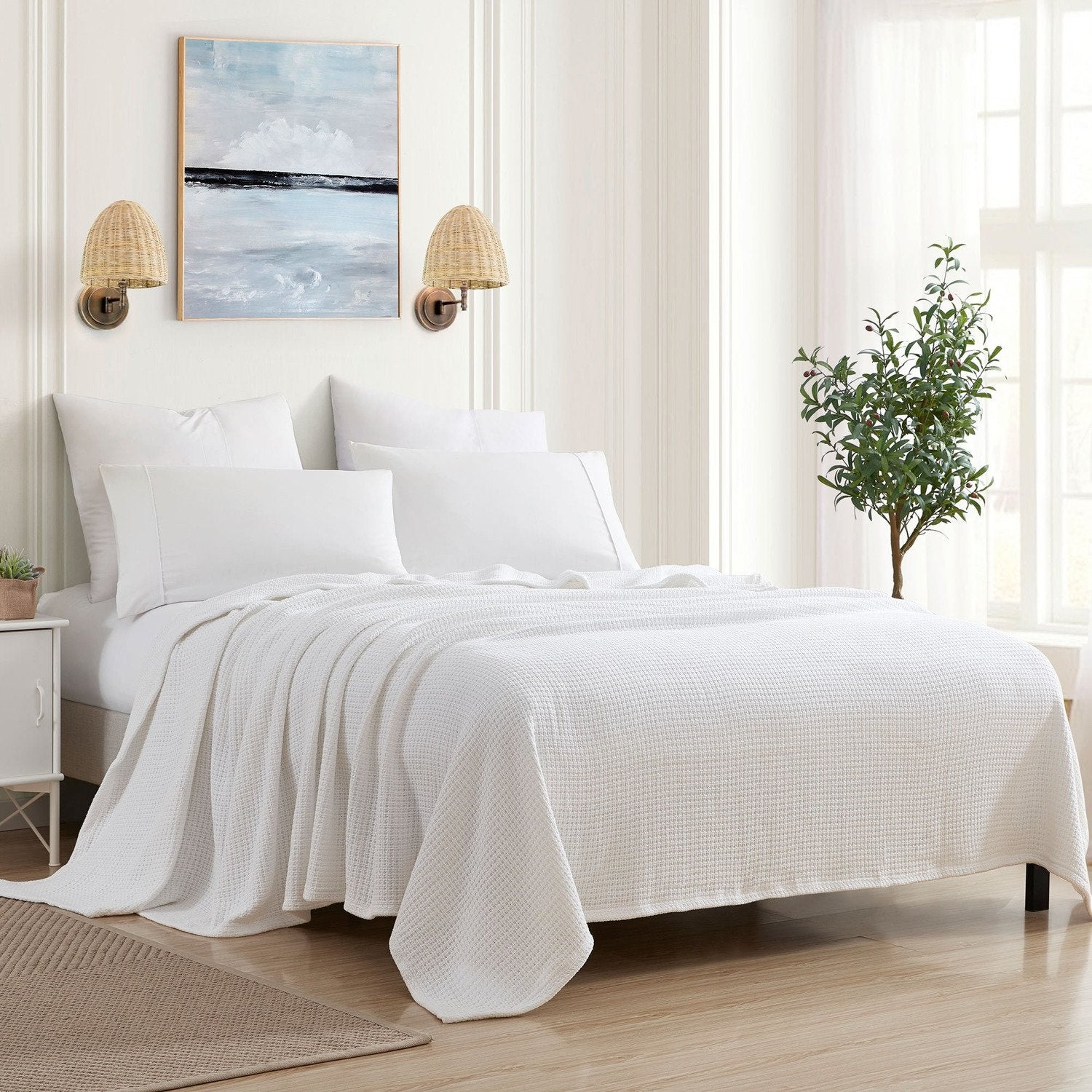 Basket Weave Cotton Blanket White - Bed