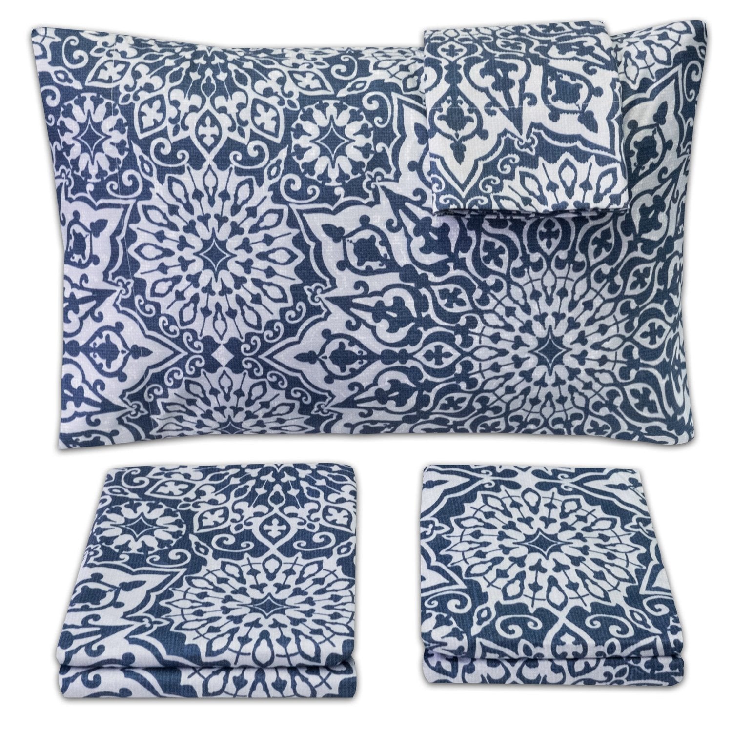 Classic 4-Piece Bed Sheet Set (Oasis Blue Mandala) - Folded 2
