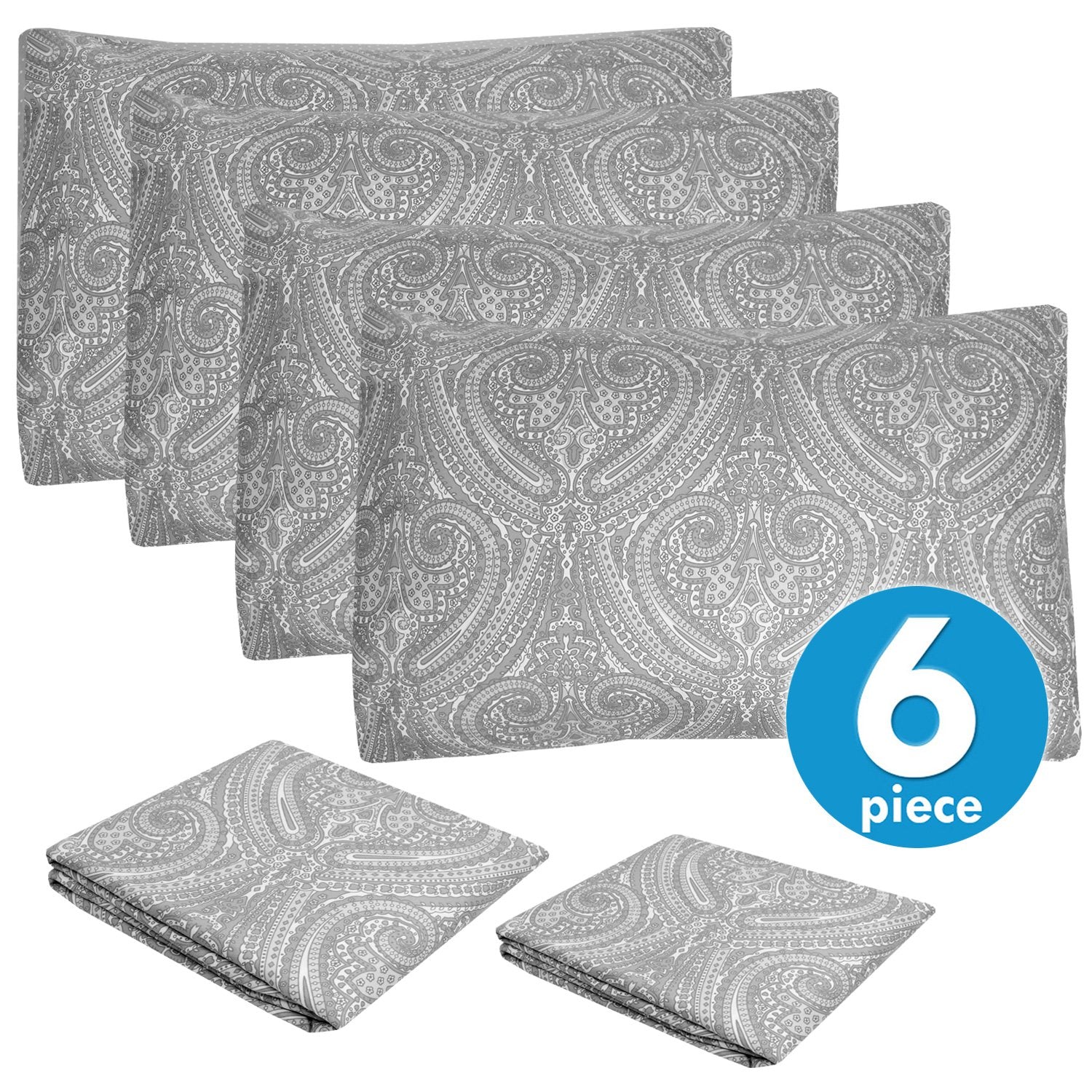 Deluxe 6-Piece Bed Sheet Set (Loft Paisley Gray) - Set