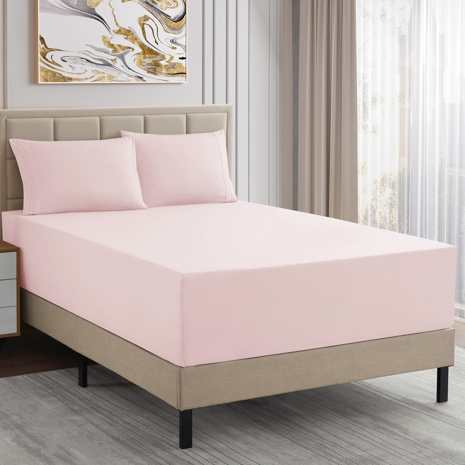Extra Deep 4-Piece Bed Sheet Set Pale Pink - Bed